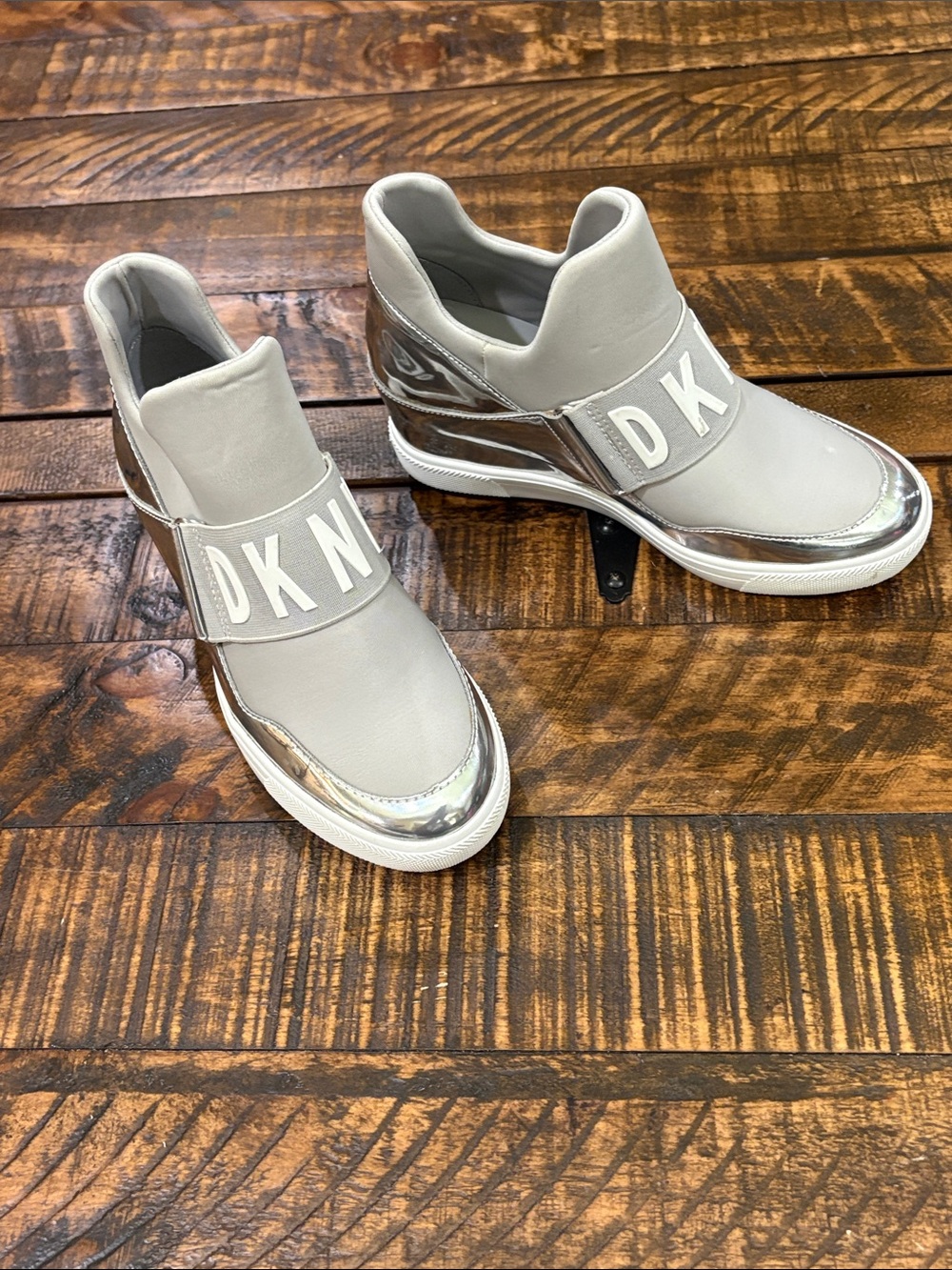 DKNY Gray and Silver Logo Strap Wedge Sneakers